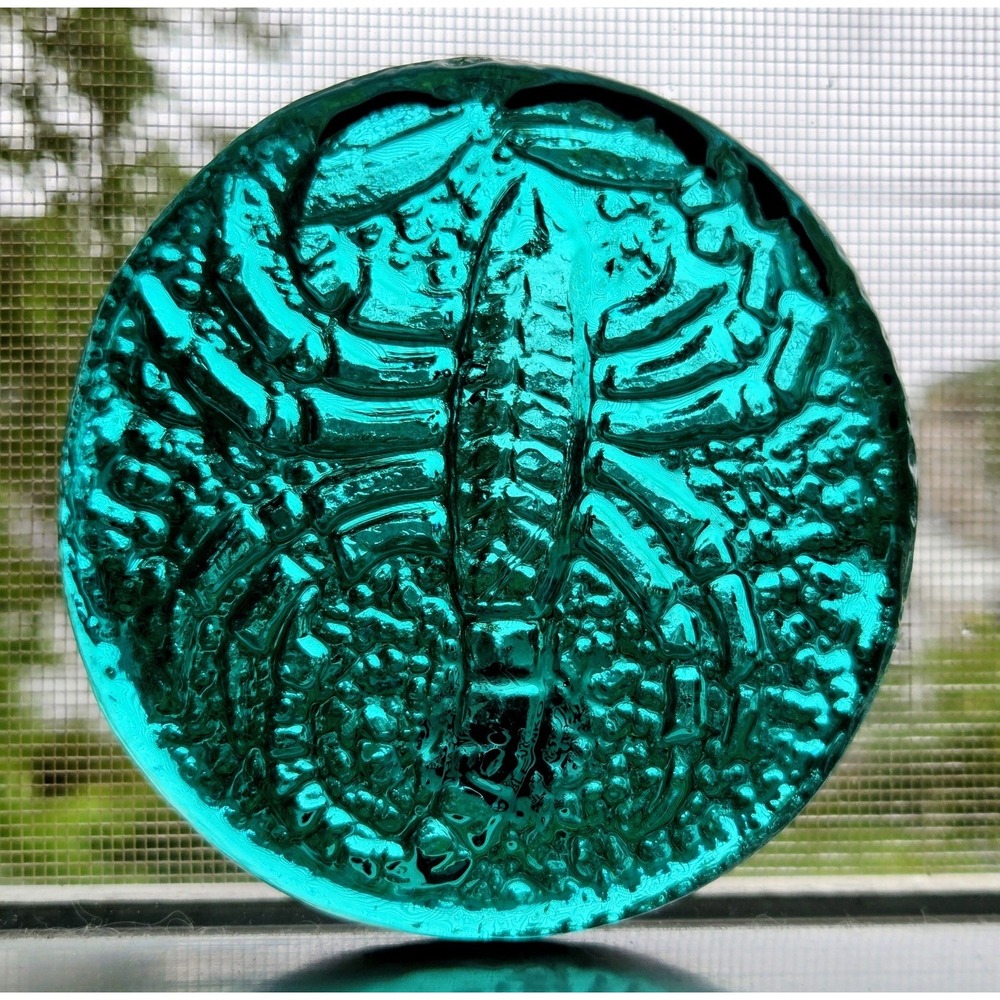 Vintage (1970s) Blenko Glass Co. 4" Round Green Glass Scorpio Zodiac Paperweight